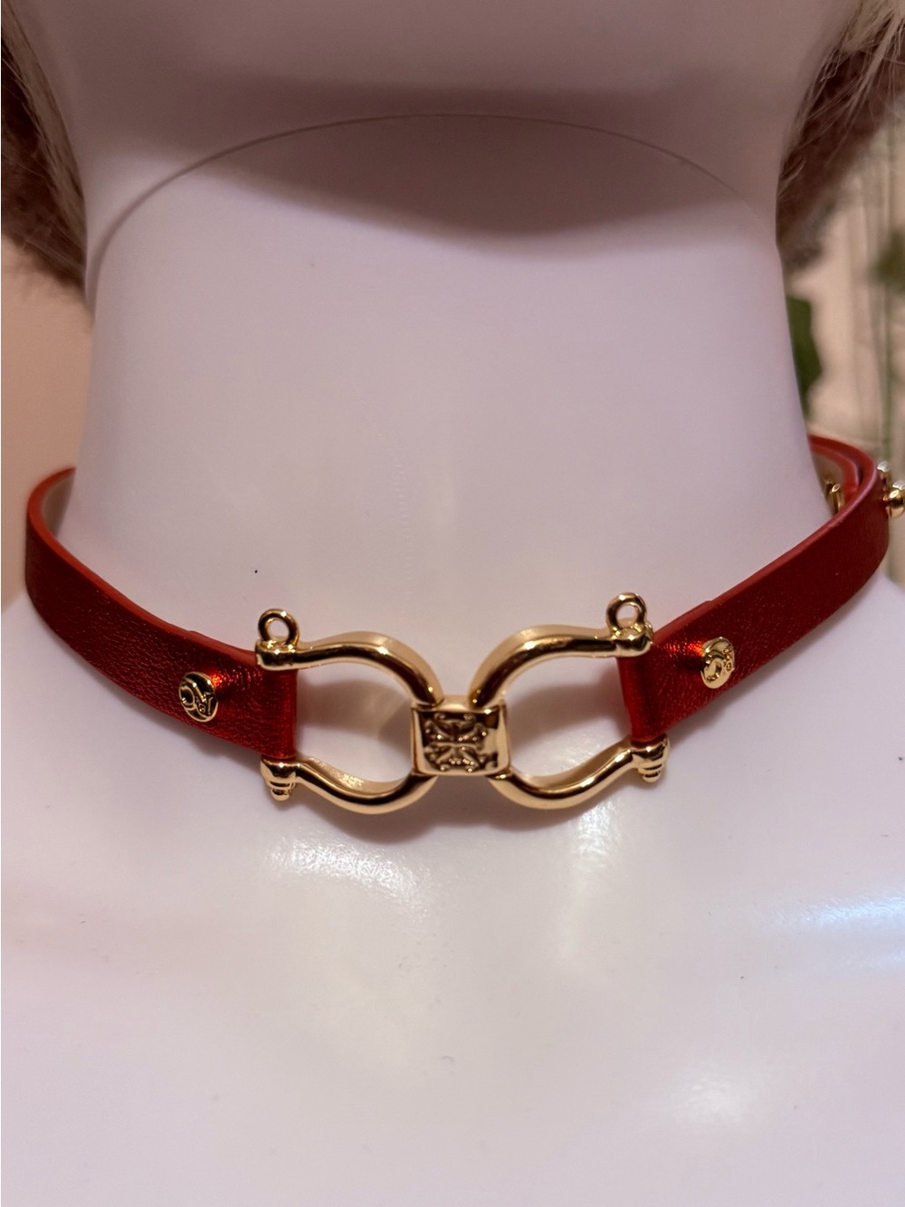 Rustic Cuff Red Leather Choker with Gold Horsebit Accent